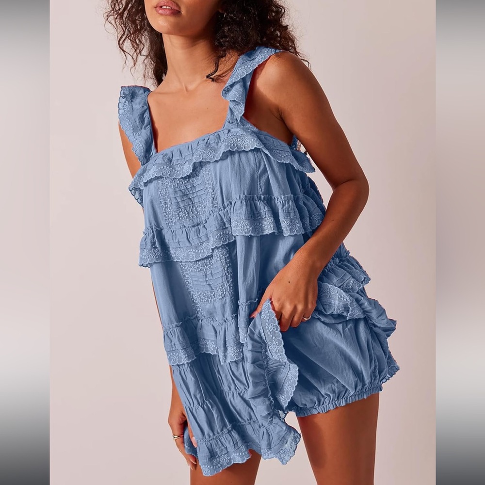 Sleeveless Romper Ruffle Flowy Dress Loose Mini Dress with Built-in Shorts